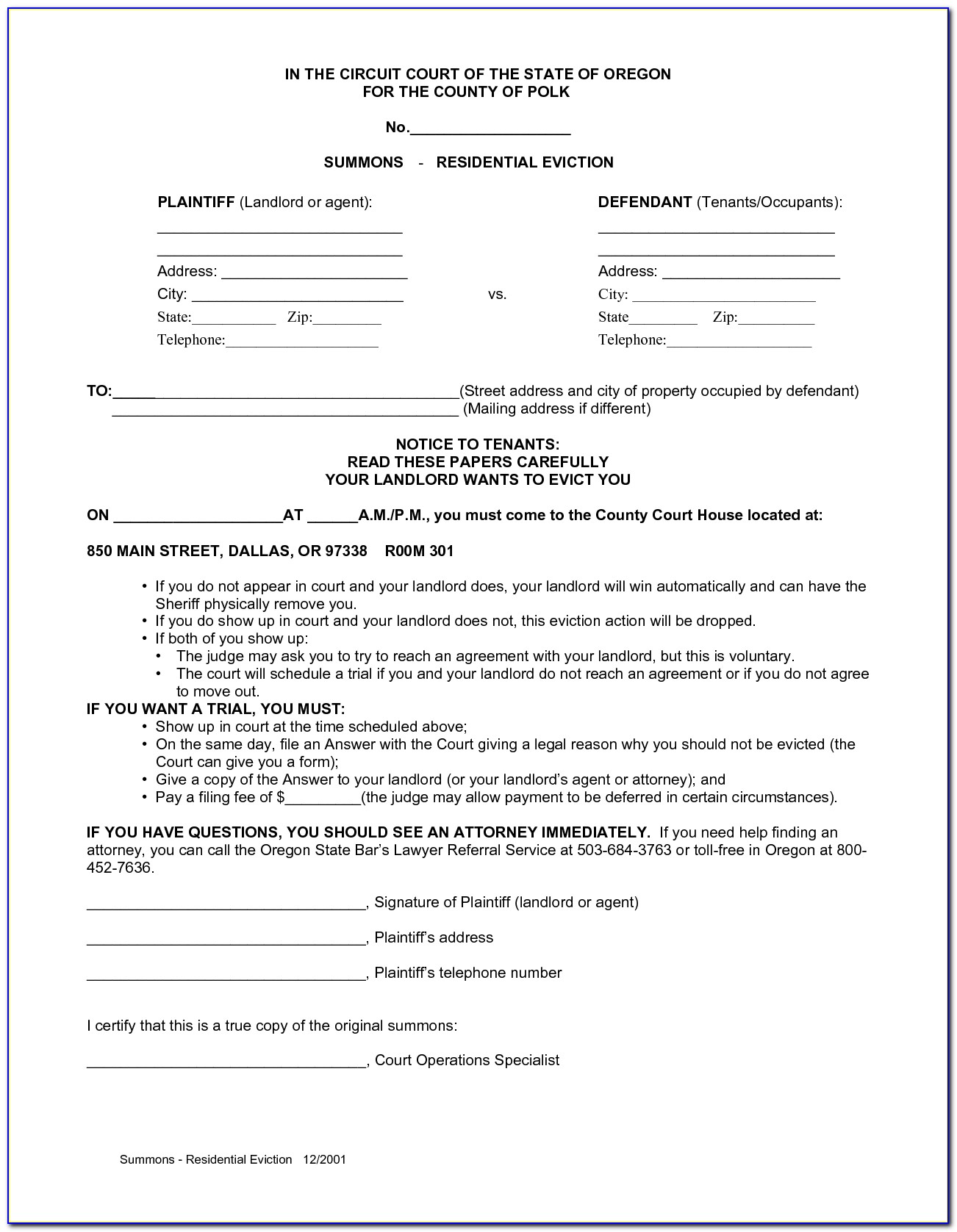 Oregon 30 Day Eviction Notice Form