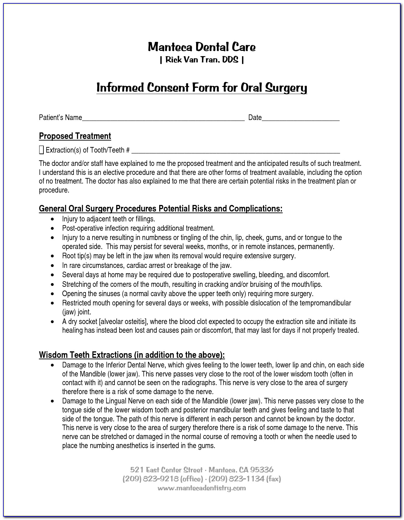 Pediatric Dental Extraction Consent Form