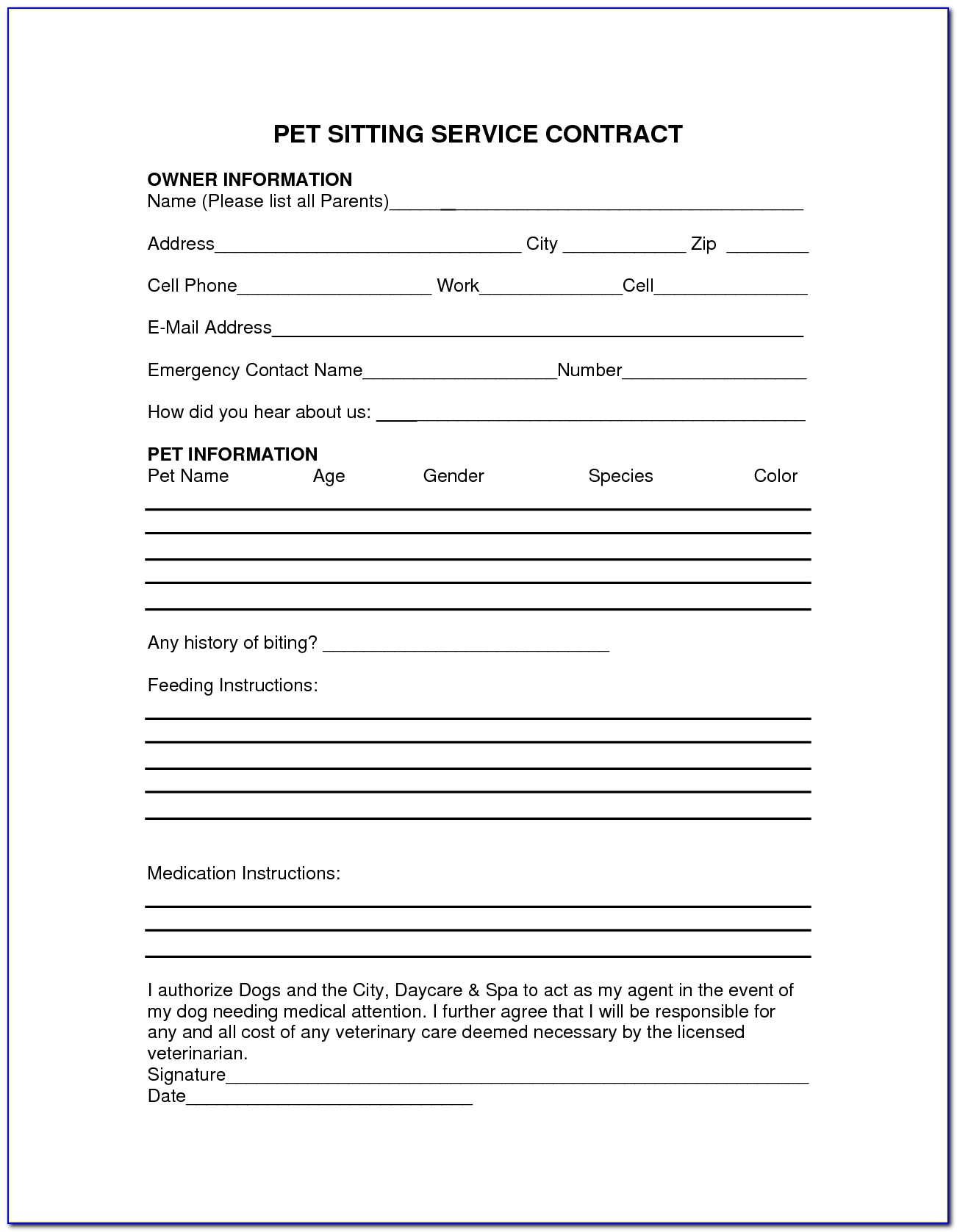 Pet Sitting Contract Forms