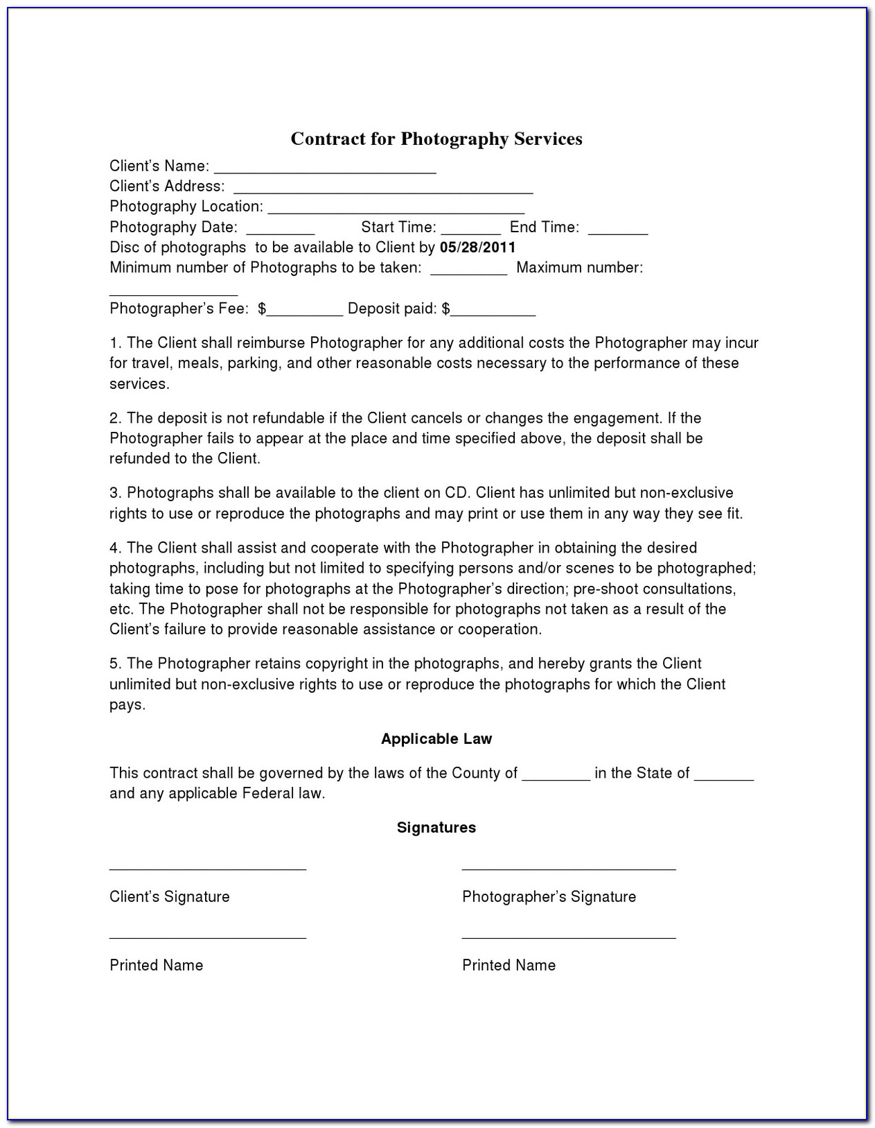 Photography Agreement Form Template
