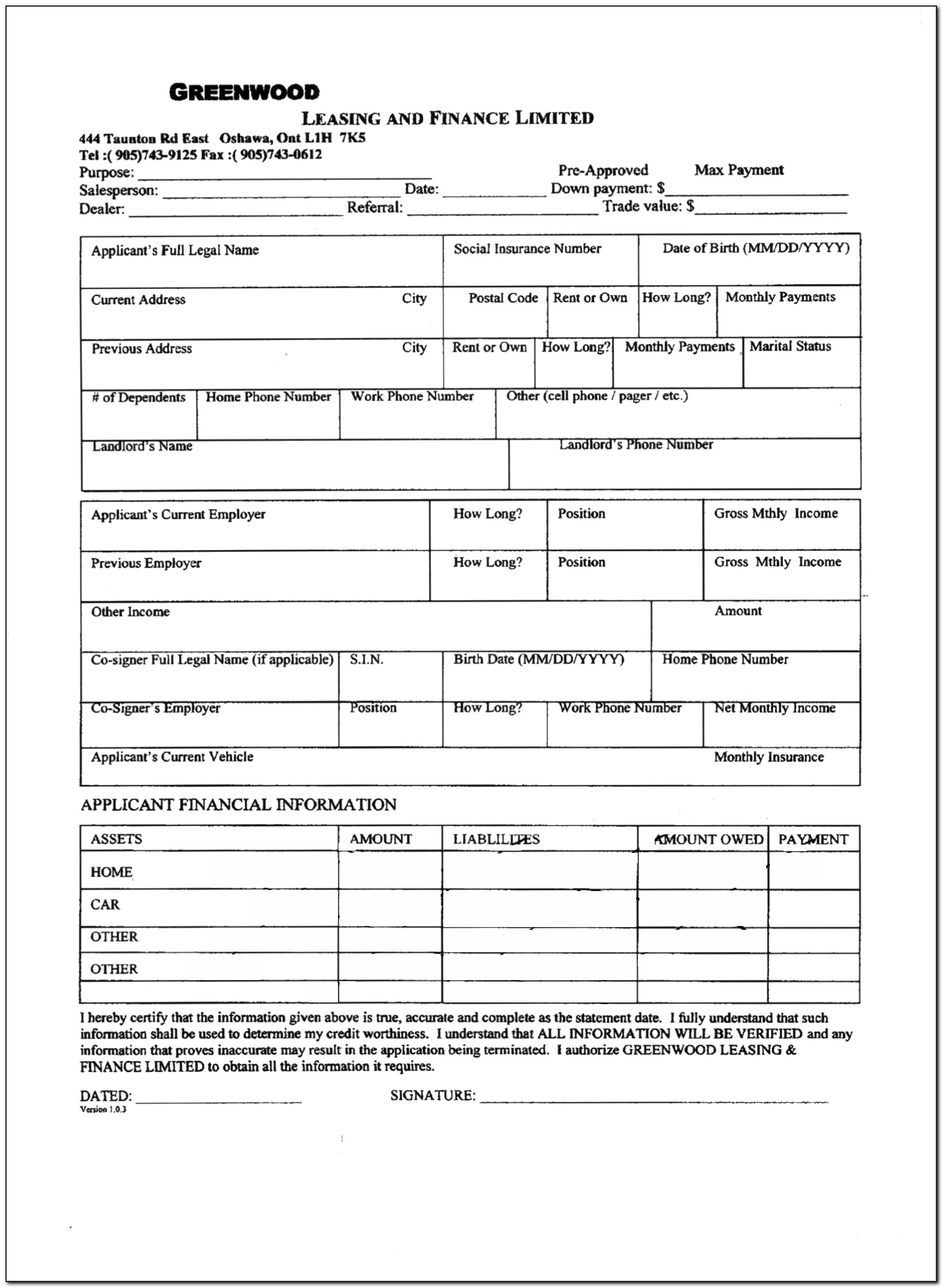 Printable Car Loan Application Form