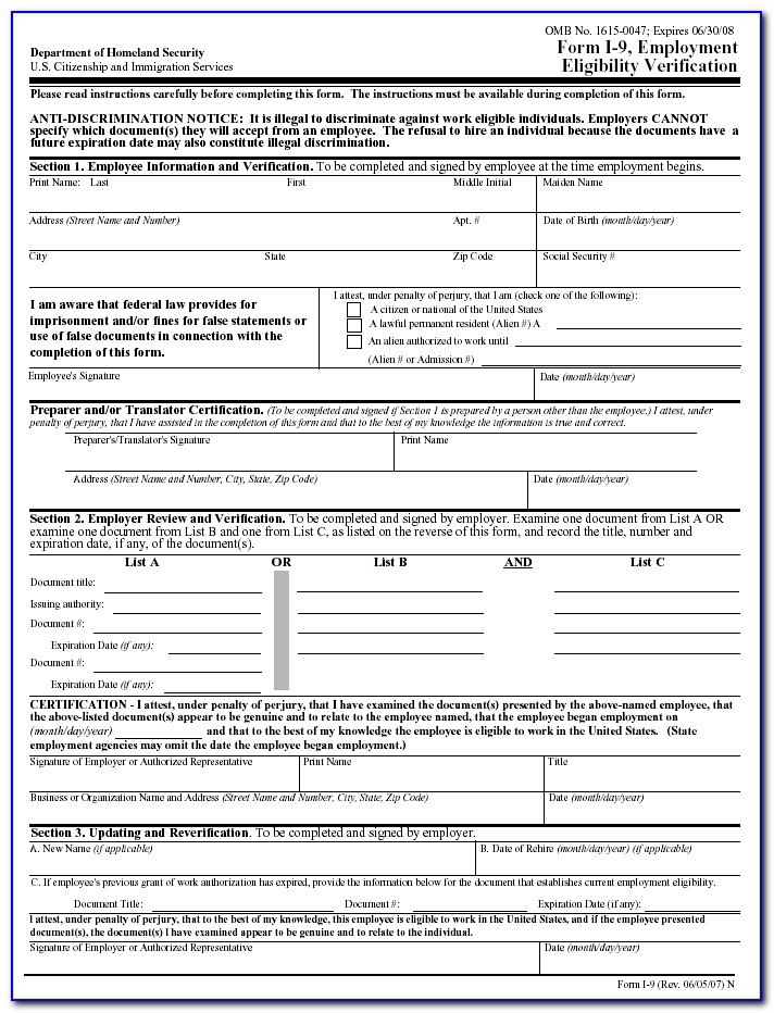 Printable I 9 Forms For Employees
