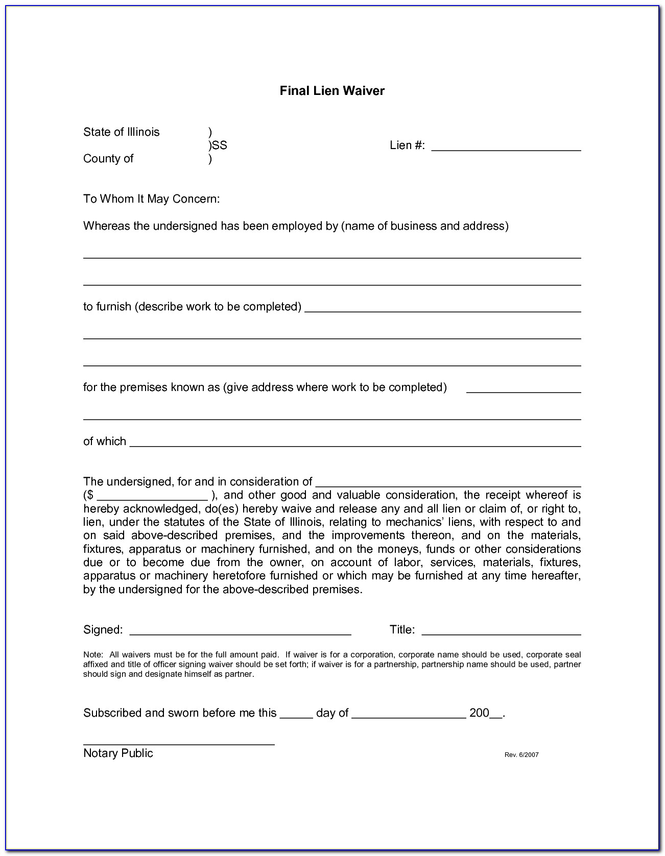 Printable Lien Release Form