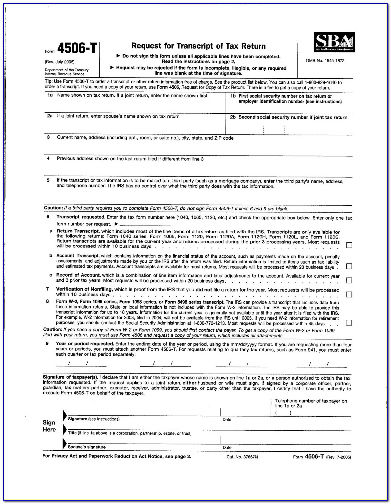 Printable Tax Form 4506 T