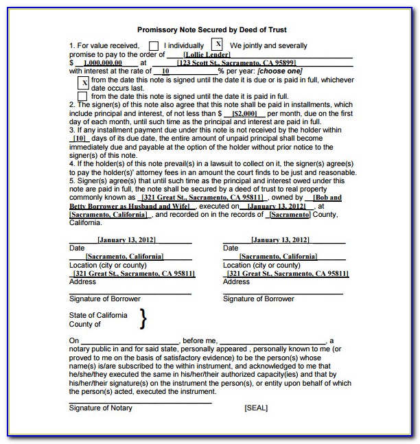 Promissory Note Secured By Deed Of Trust Form California