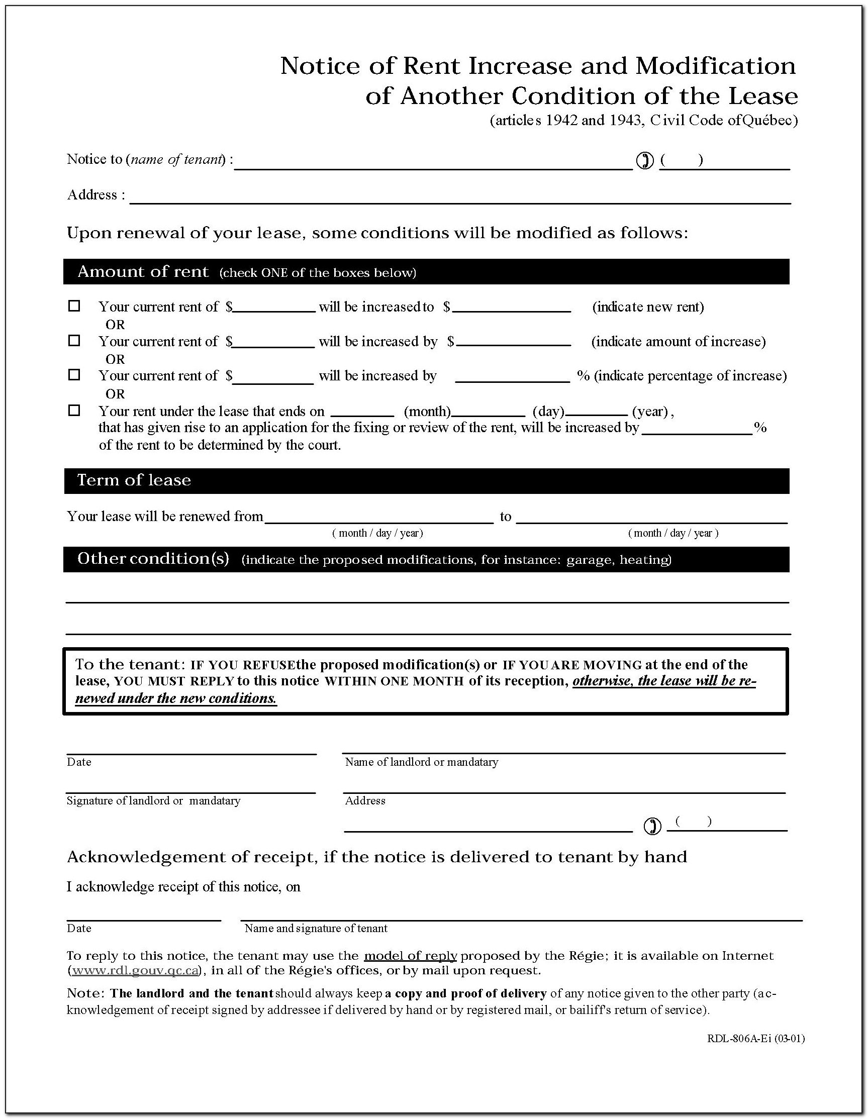 Rent Increase Forms 2018