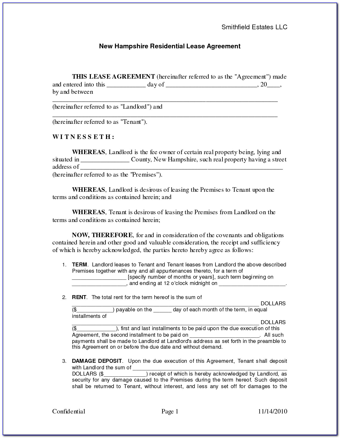 Residential Lease Rental Agreement And Deposit Receipt Form 105