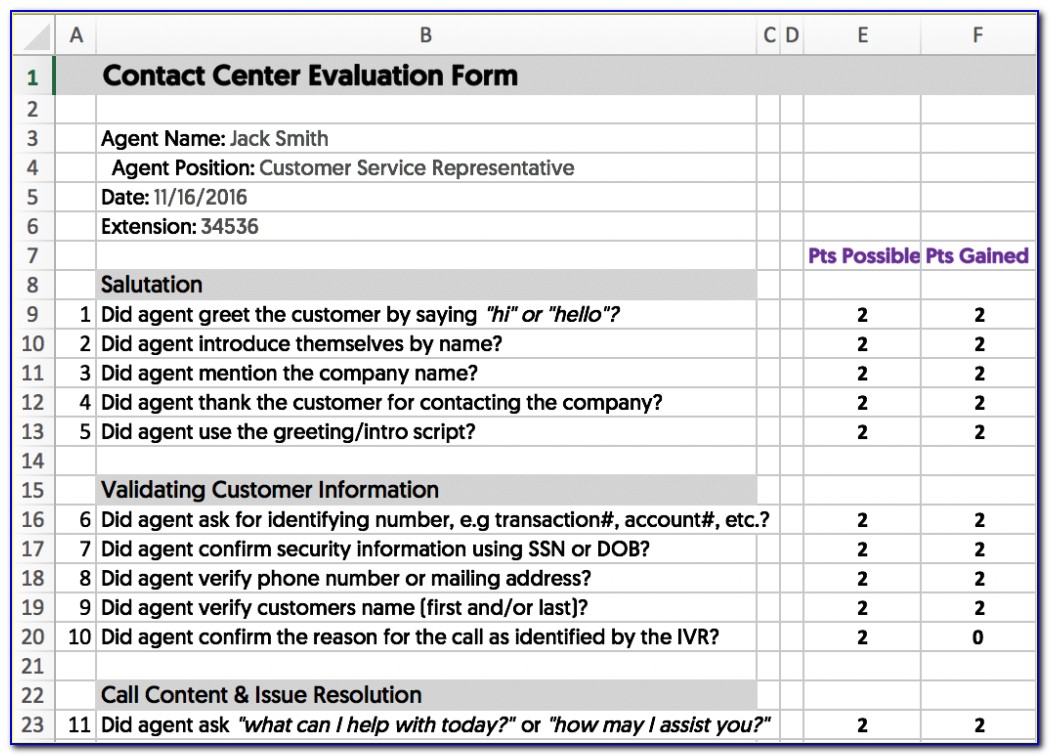 Sample Call Center Quality Assurance Forms Excel