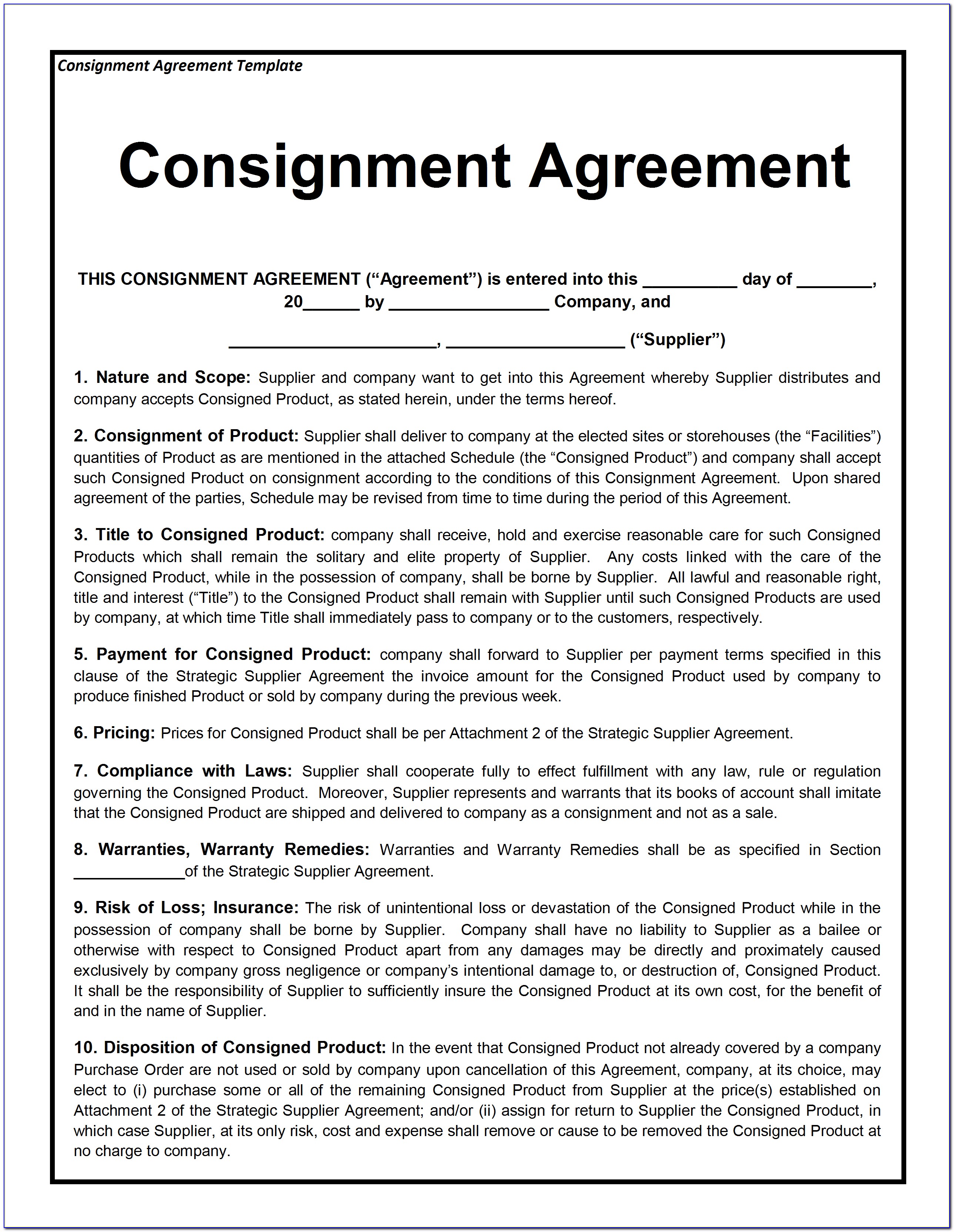 Sample Consignment Agreement Form