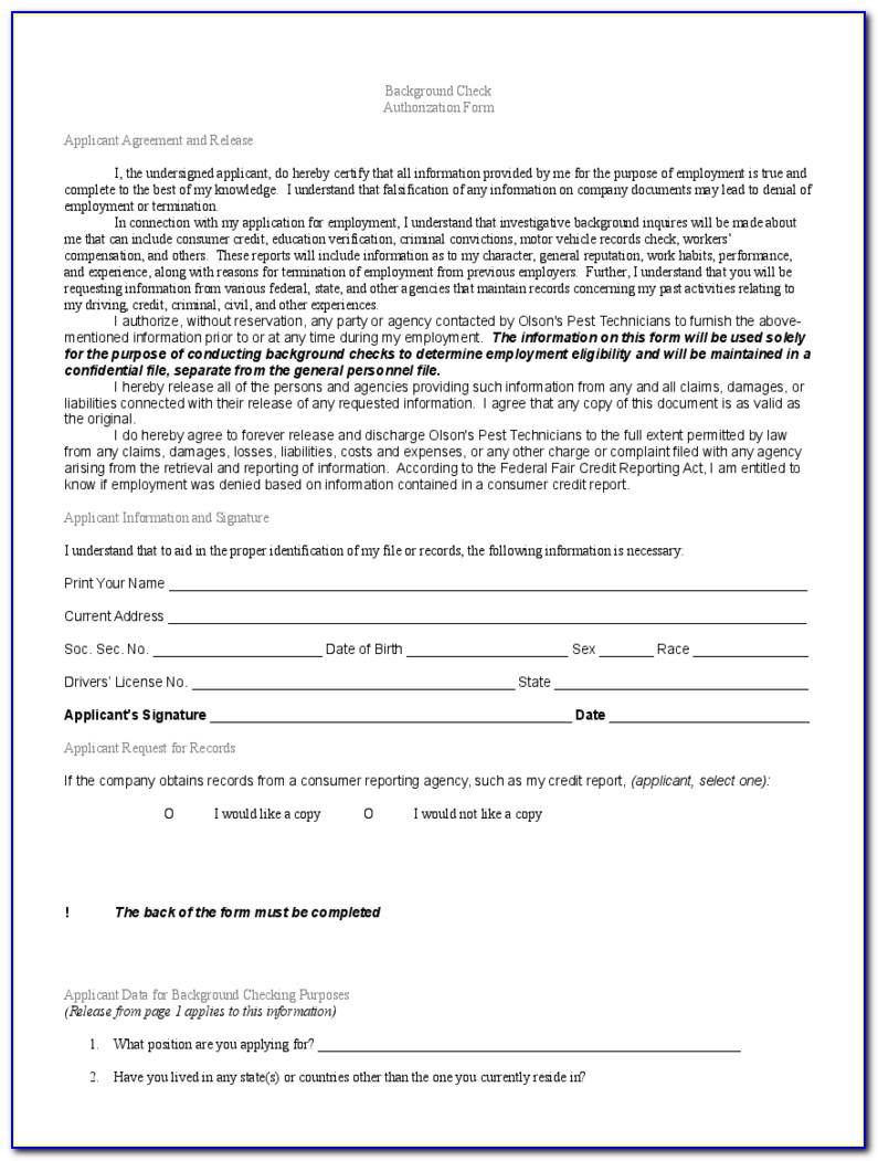 Sample Employee Background Check Form