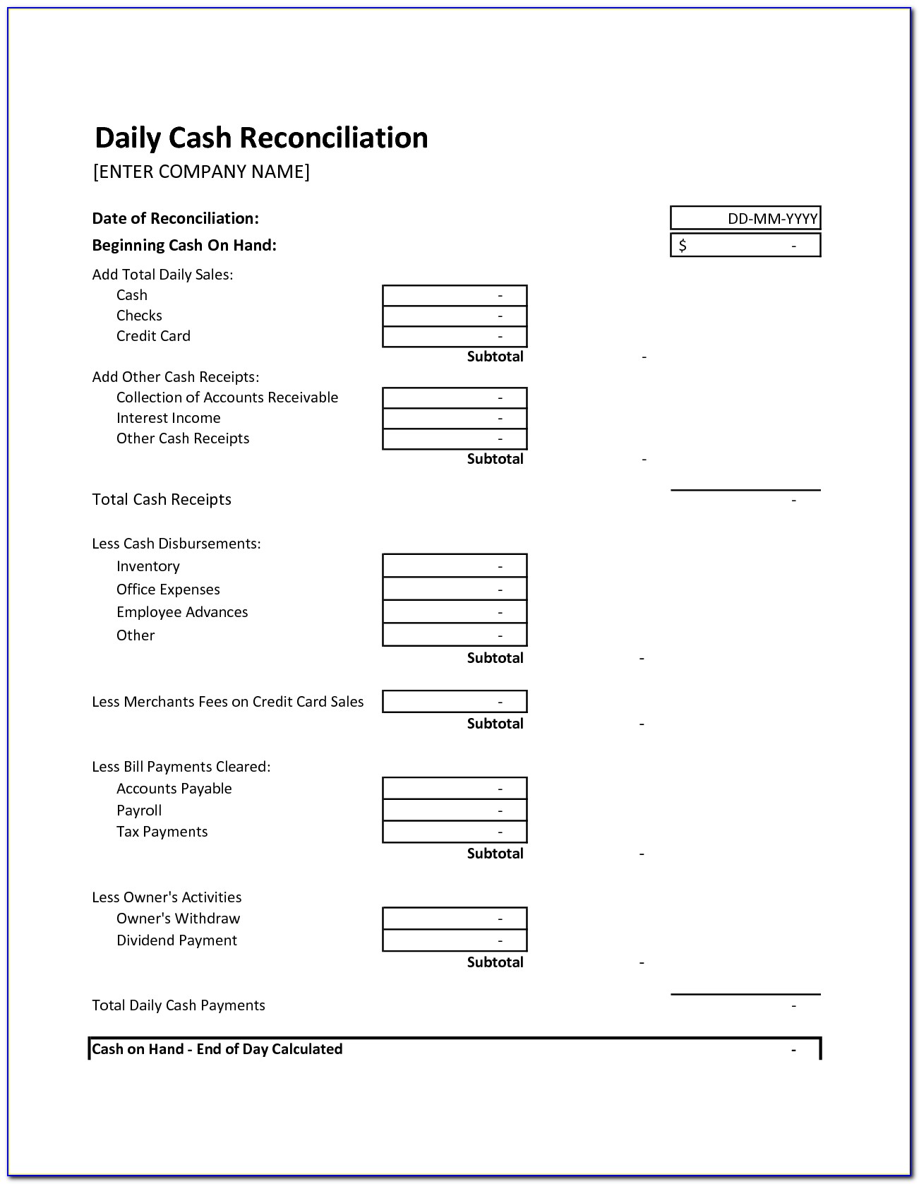Simple Cash Register Reconciliation Form