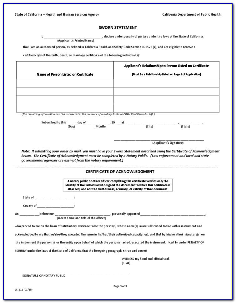 State Of California Birth Certificate Request Form