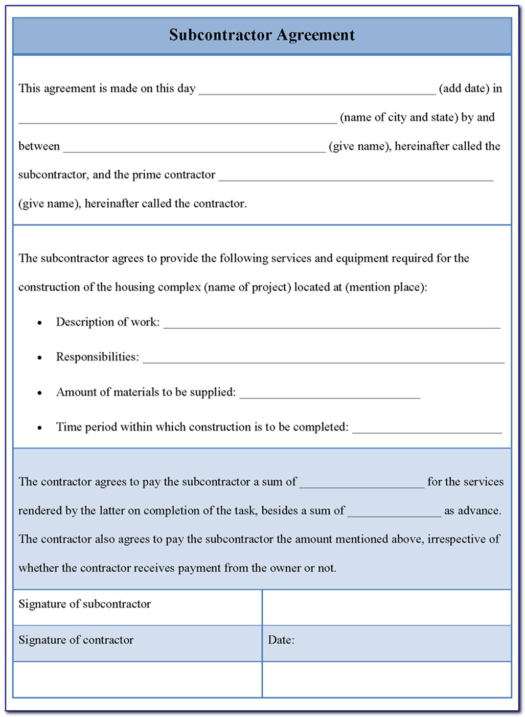Subcontractor Agreement Forms