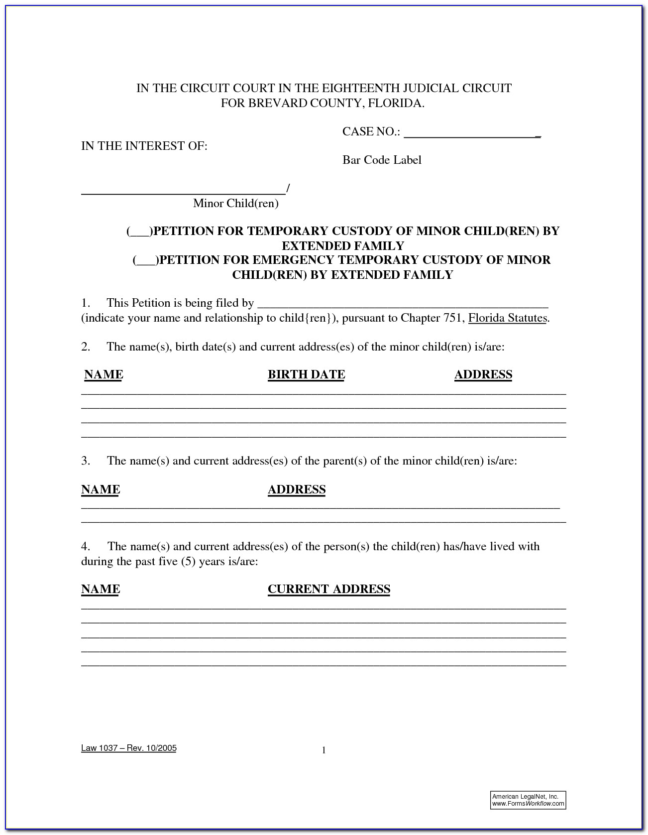 Temporary Legal Guardianship Form Florida