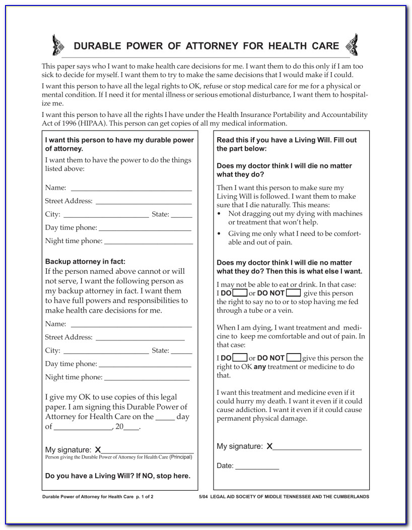 Tennessee Durable Power Of Attorney For Health Care Form