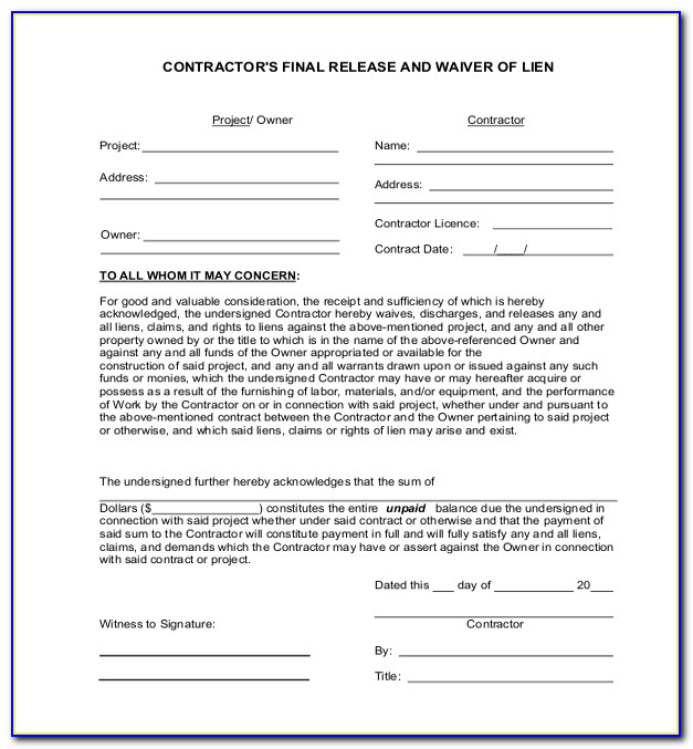 Texas Construction Lien Release Form