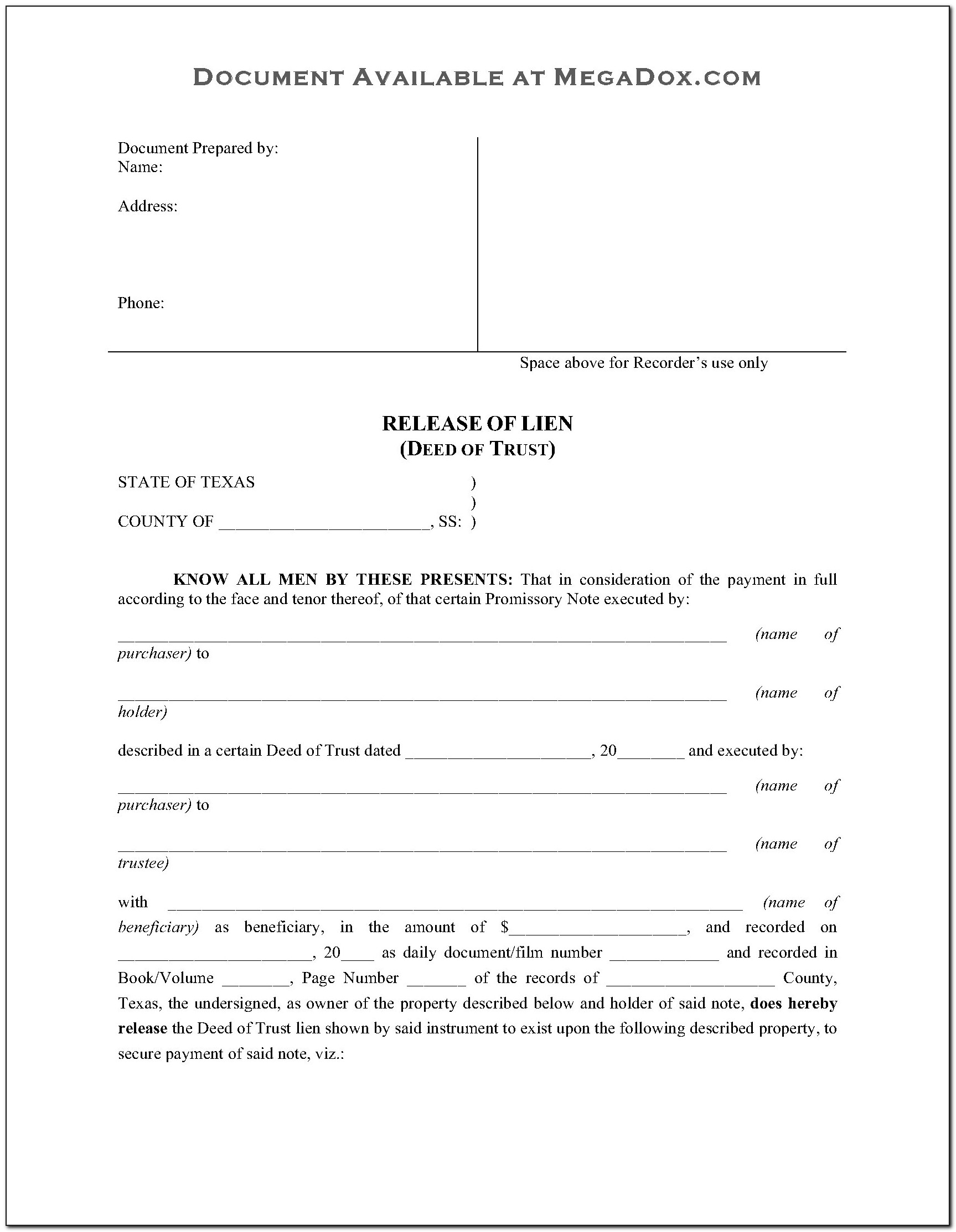 Texas Deed Of Trust Form Free