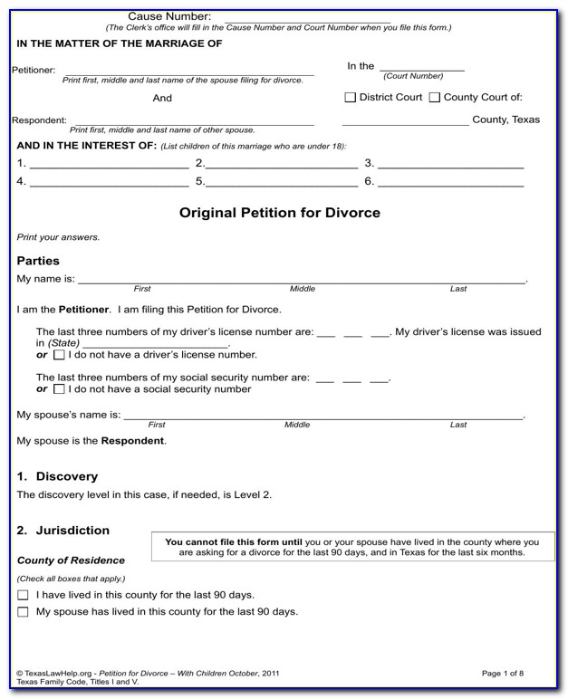 Texas Divorce Petition Form