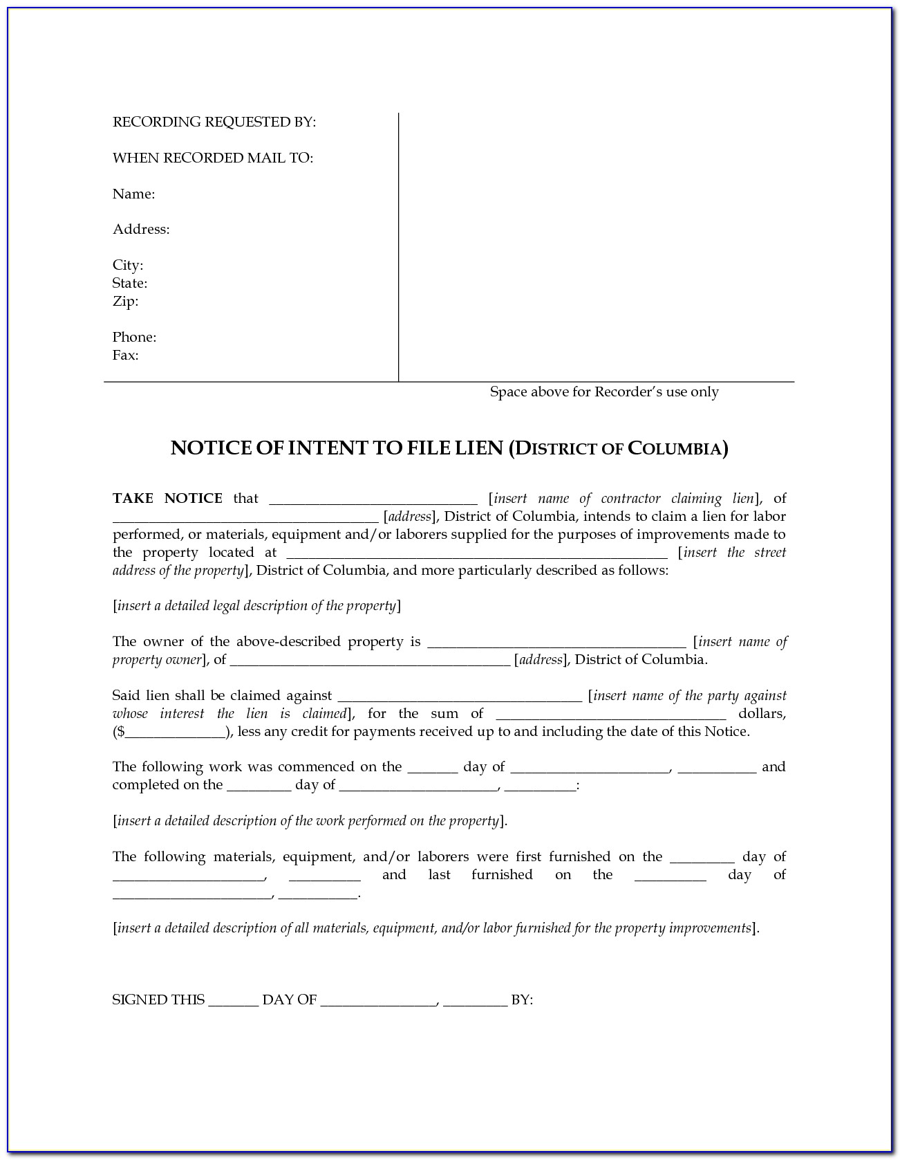 Texas Notice Of Intent To Lien Form