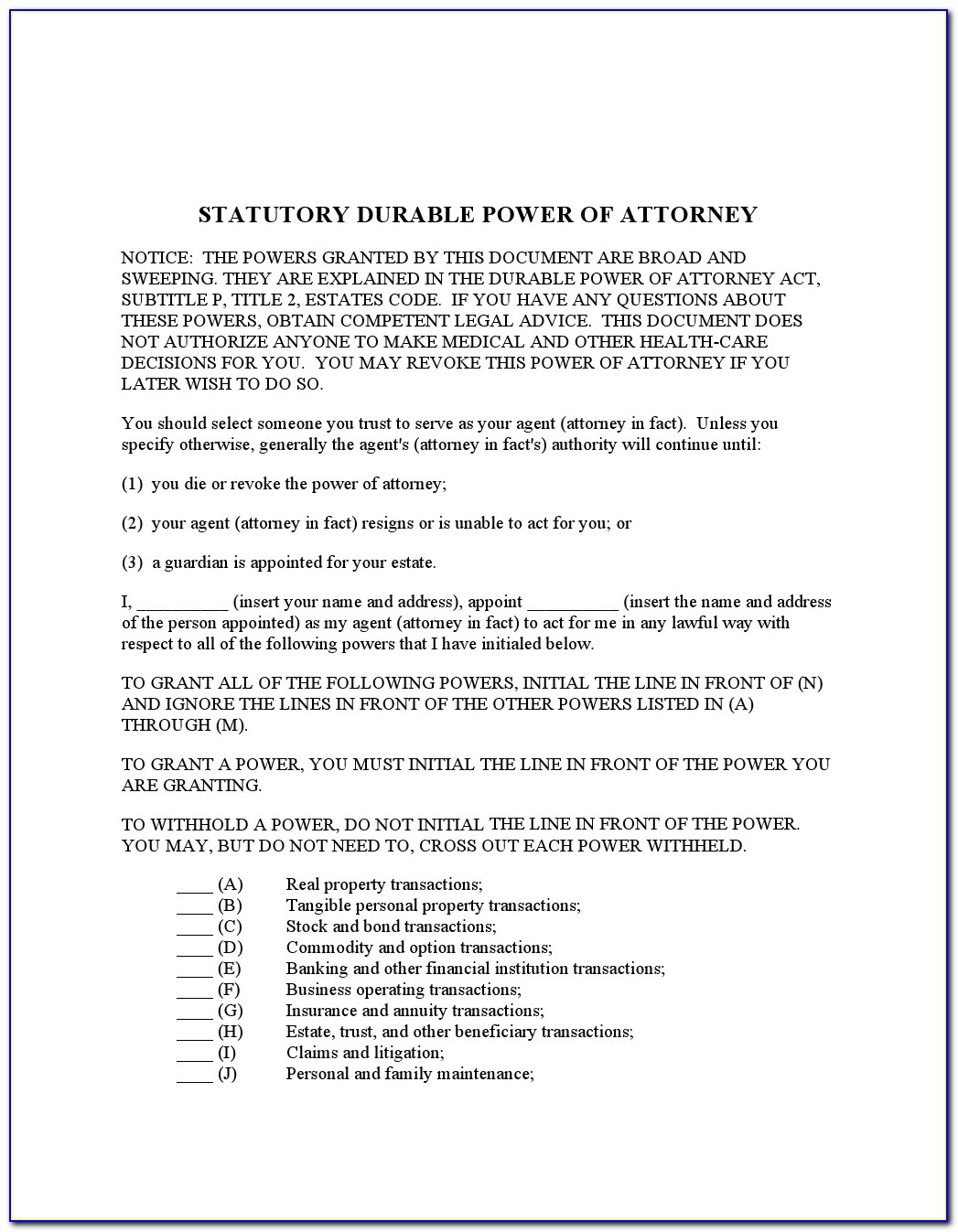 Texas Statutory Durable Power Of Attorney Form 2017