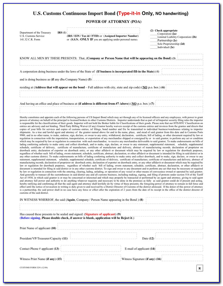 Us Customs Power Of Attorney Form 5291