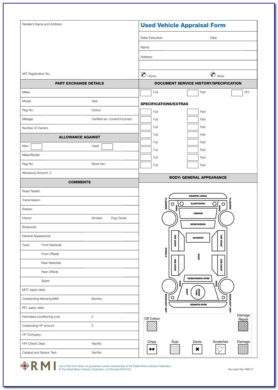 Used Car Appraisal Form Free Download