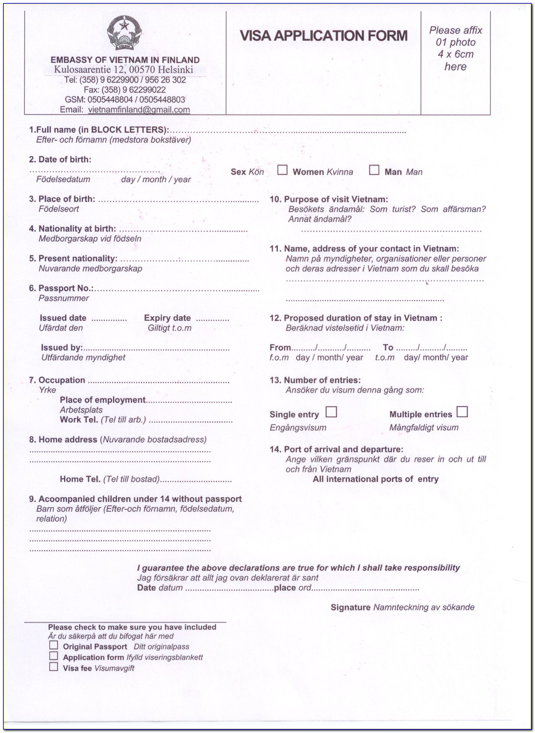 Vietnam Visa Application Form | Embassy Of Vietnam In Finland