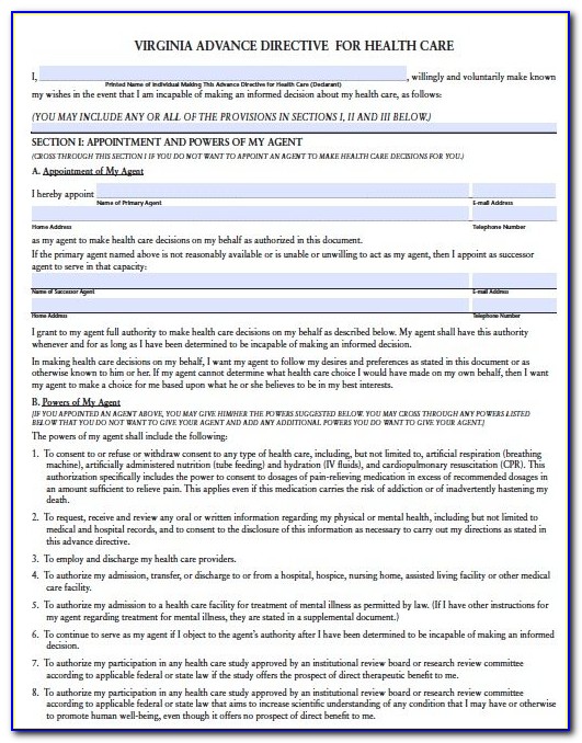 Virginia Advance Directive For Health Care Form