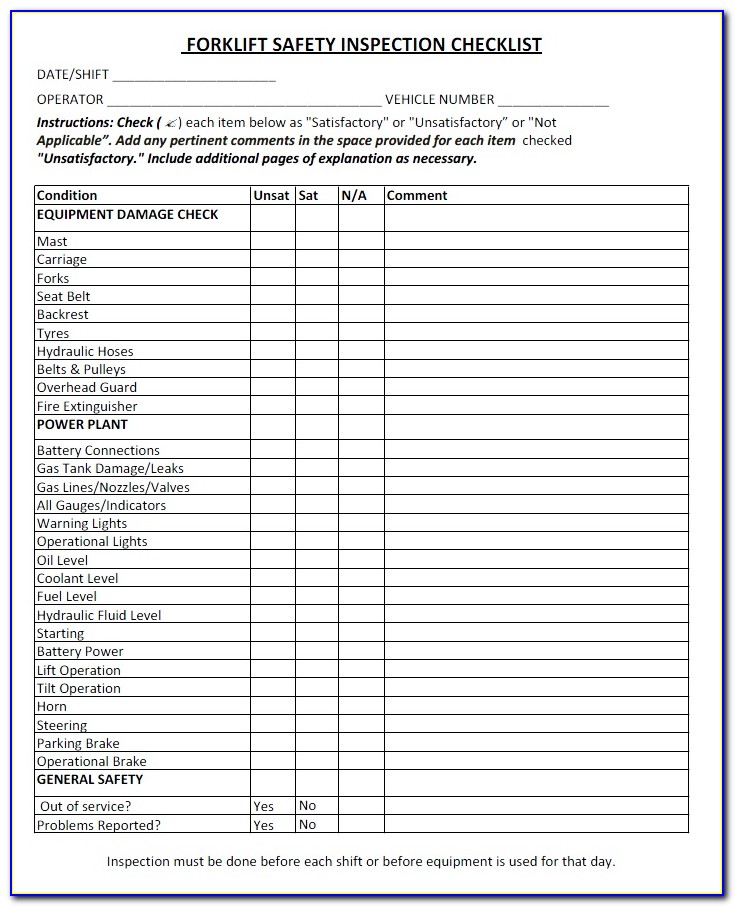 Weekly Forklift Inspection Forms