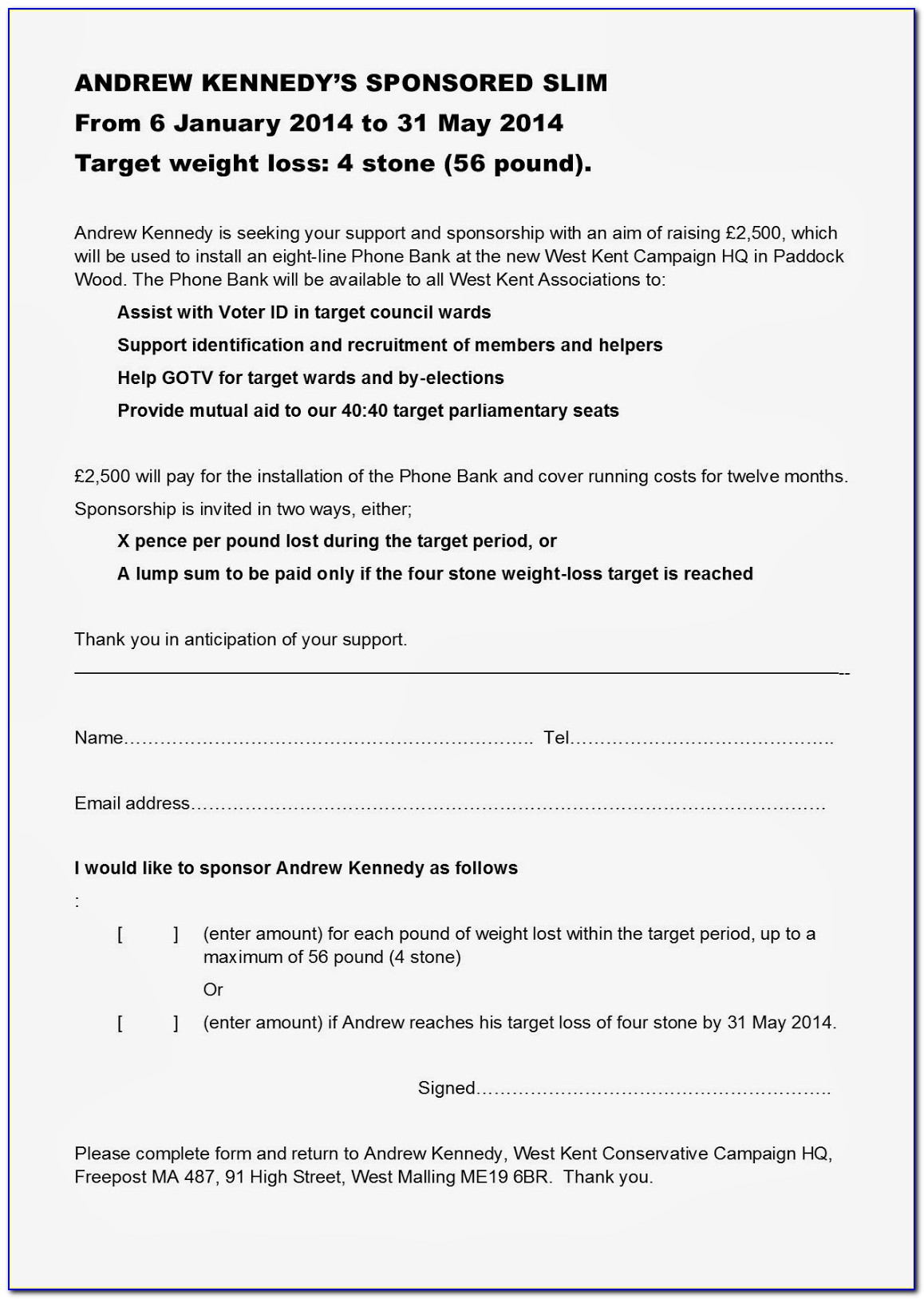 Weight Loss Sponsorship Form