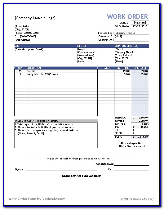 Work Order Form Template Free