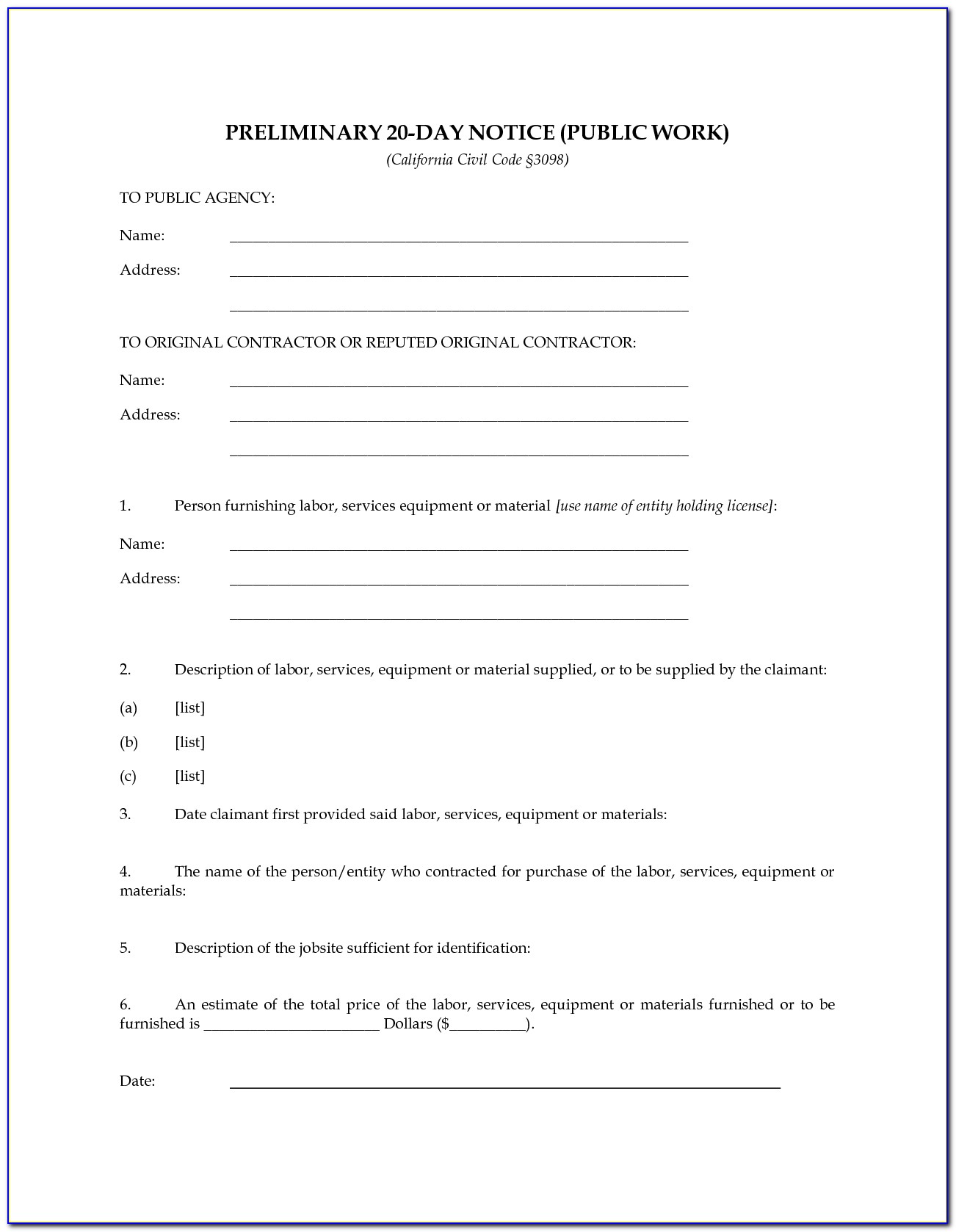 20 Day Preliminary Lien Notice Form