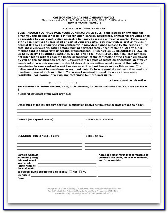 20 Day Preliminary Notice Form California