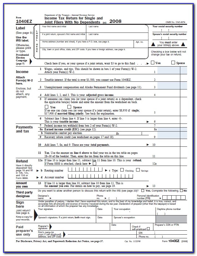 2015 Tax Return Forms 1040ez