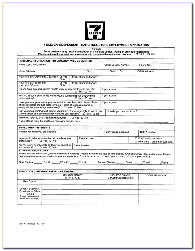 7 Eleven Job Application Form Pdf