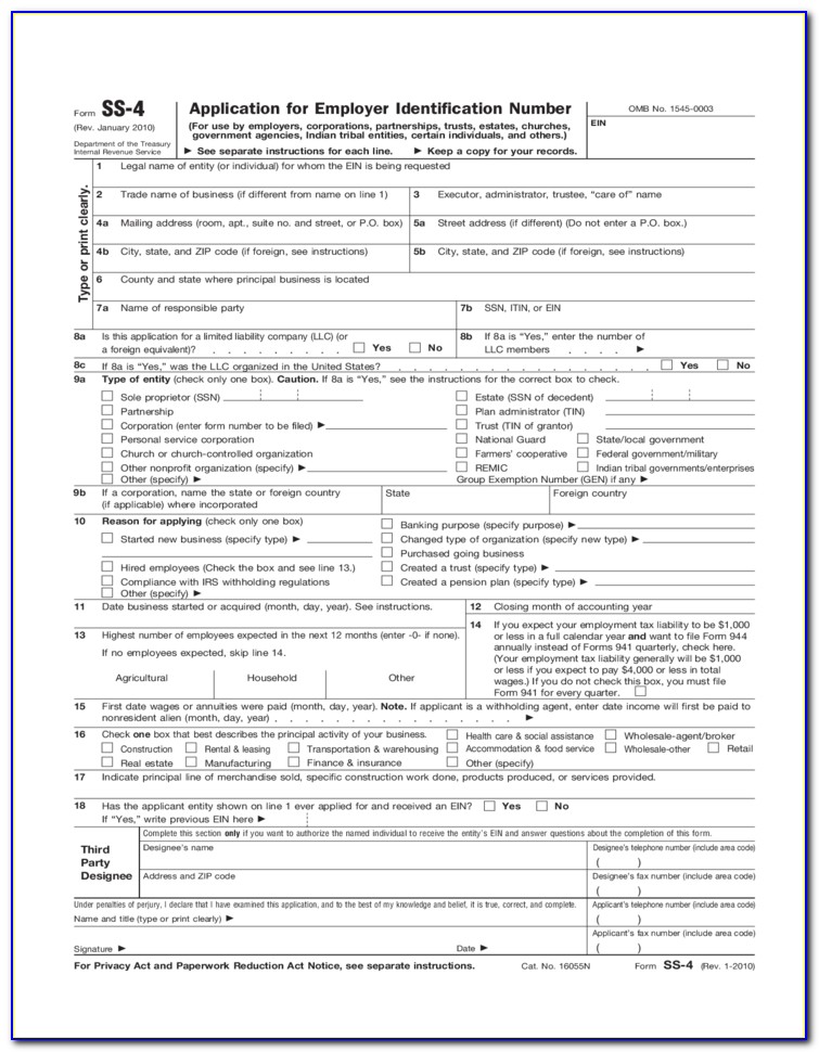 Application For Employer Identification Number Form Ss 4