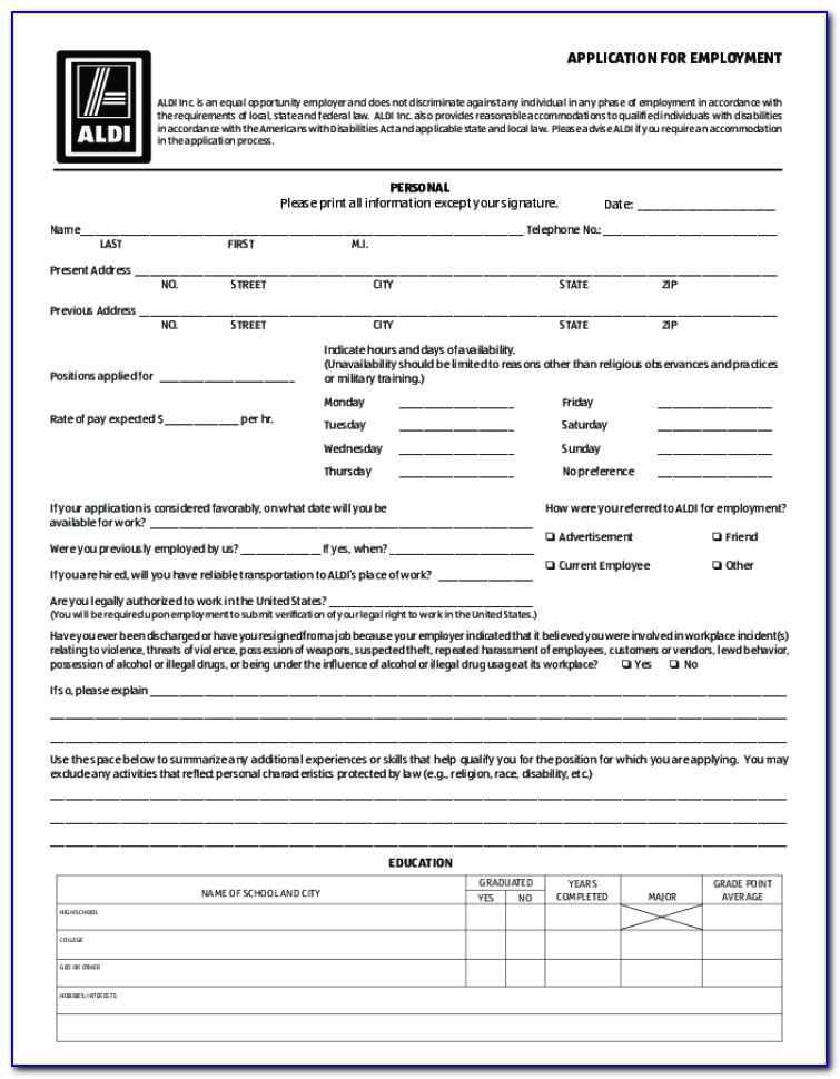 Application Form For Aldi