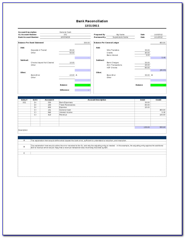 Bank Checking Account Reconciliation Form