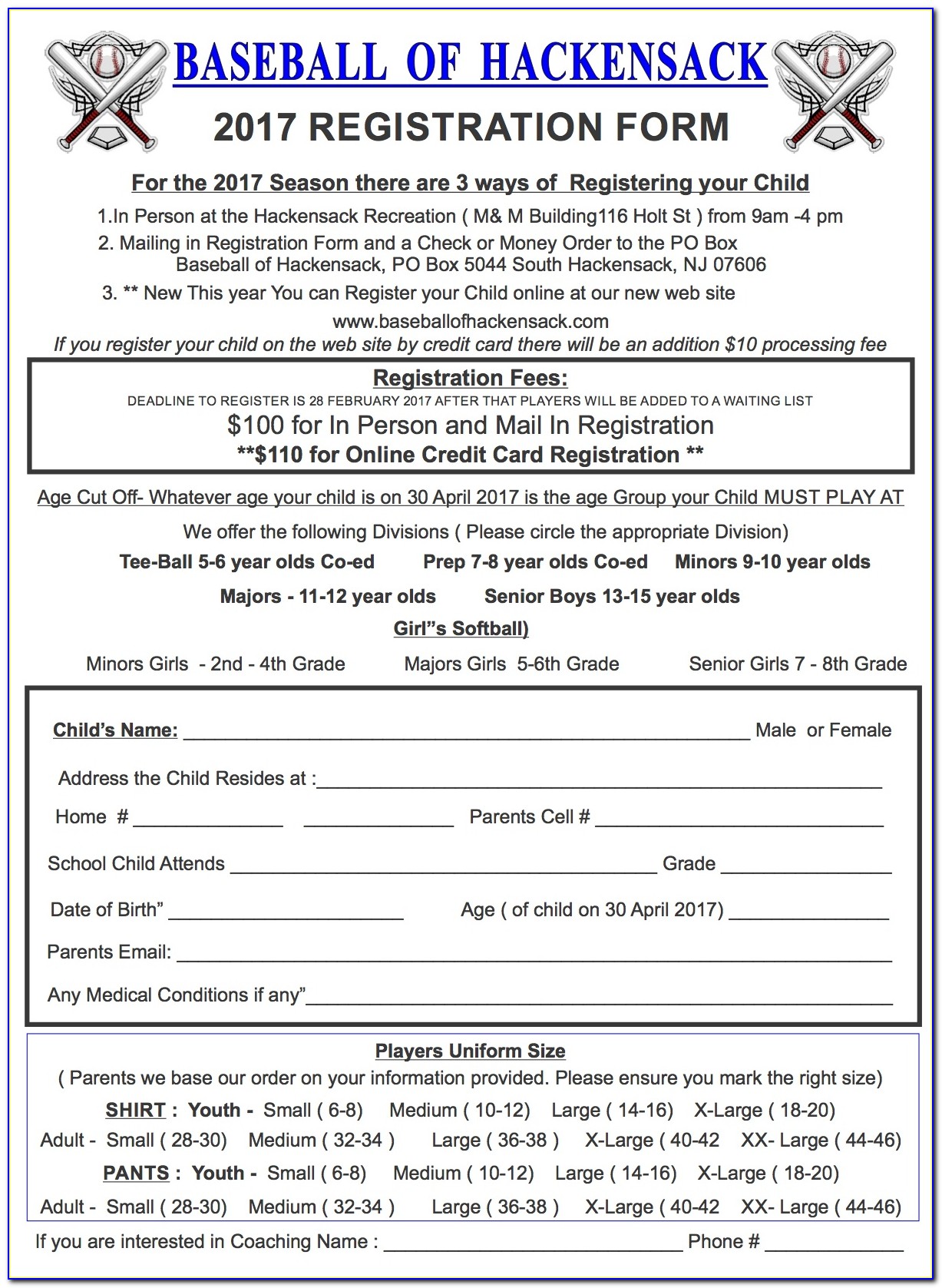 Baseball Registration Form Template