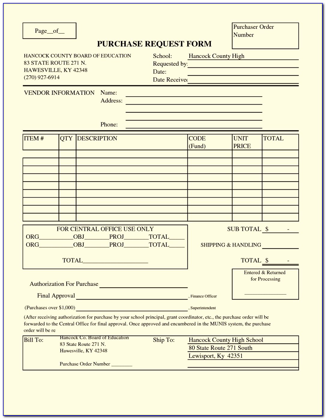 Blank Purchase Order Form Template