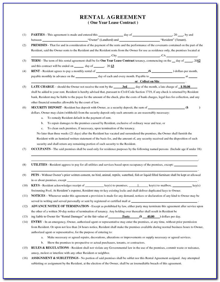 Blank Rental Lease Forms