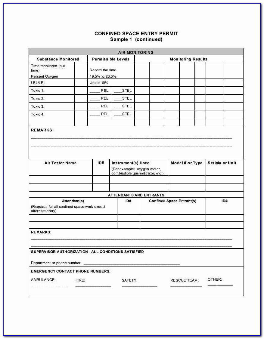 Cal Osha Confined Space Entry Permit Form
