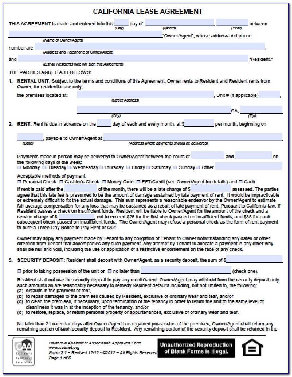 California Residential Lease Agreement Blank Form