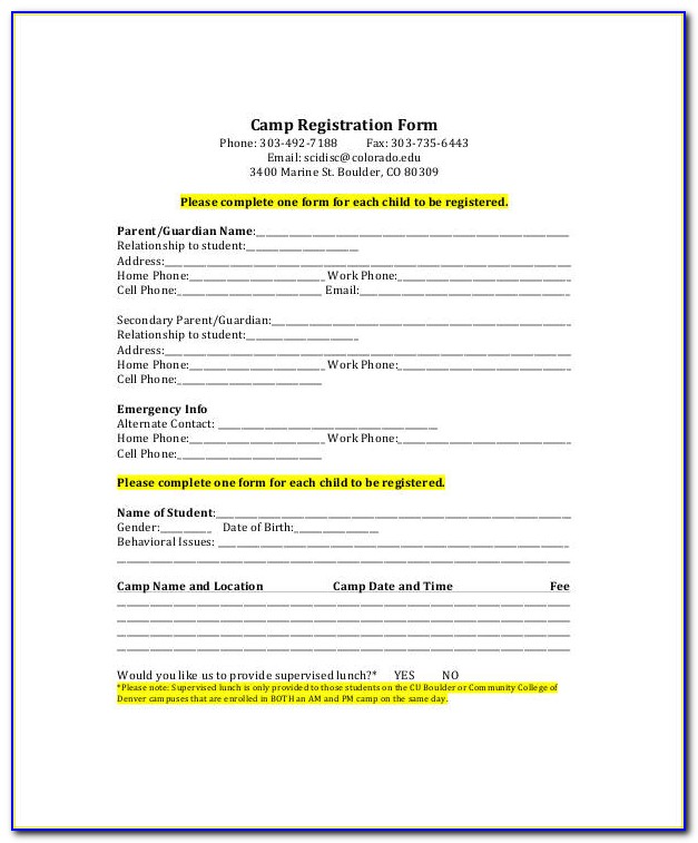 Camp Registration Form Template