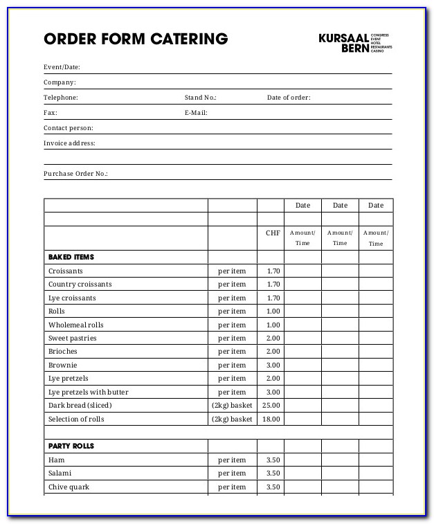 Catering Order Form Template Excel