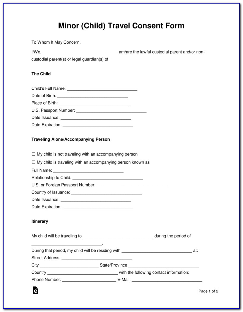 Child Travel Consent Form Template Canada