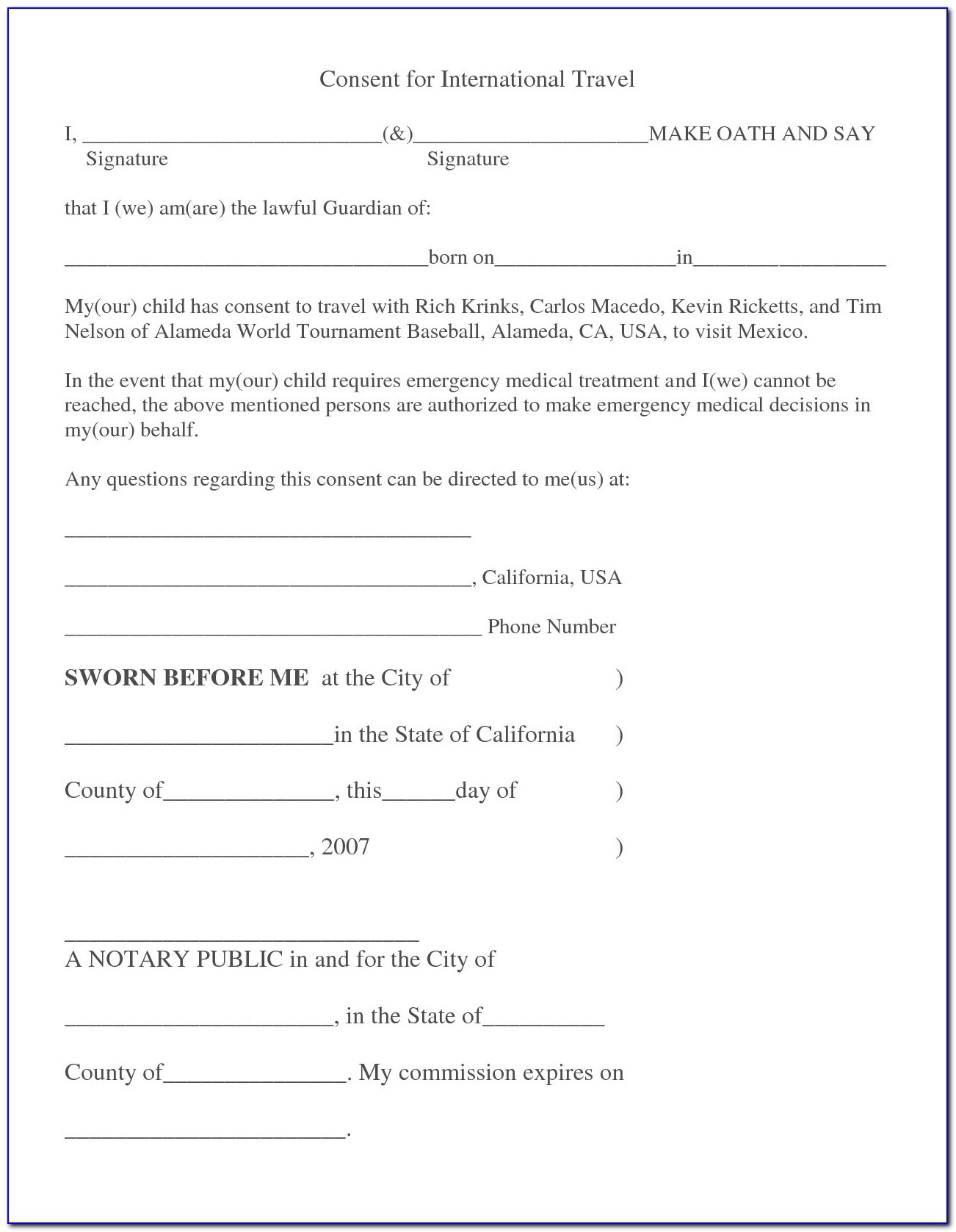 Doc.#829531: Parental Consent To Travel Form – Printable Ms Word Pertaining To Consent Letter For Children Travelling Abroad