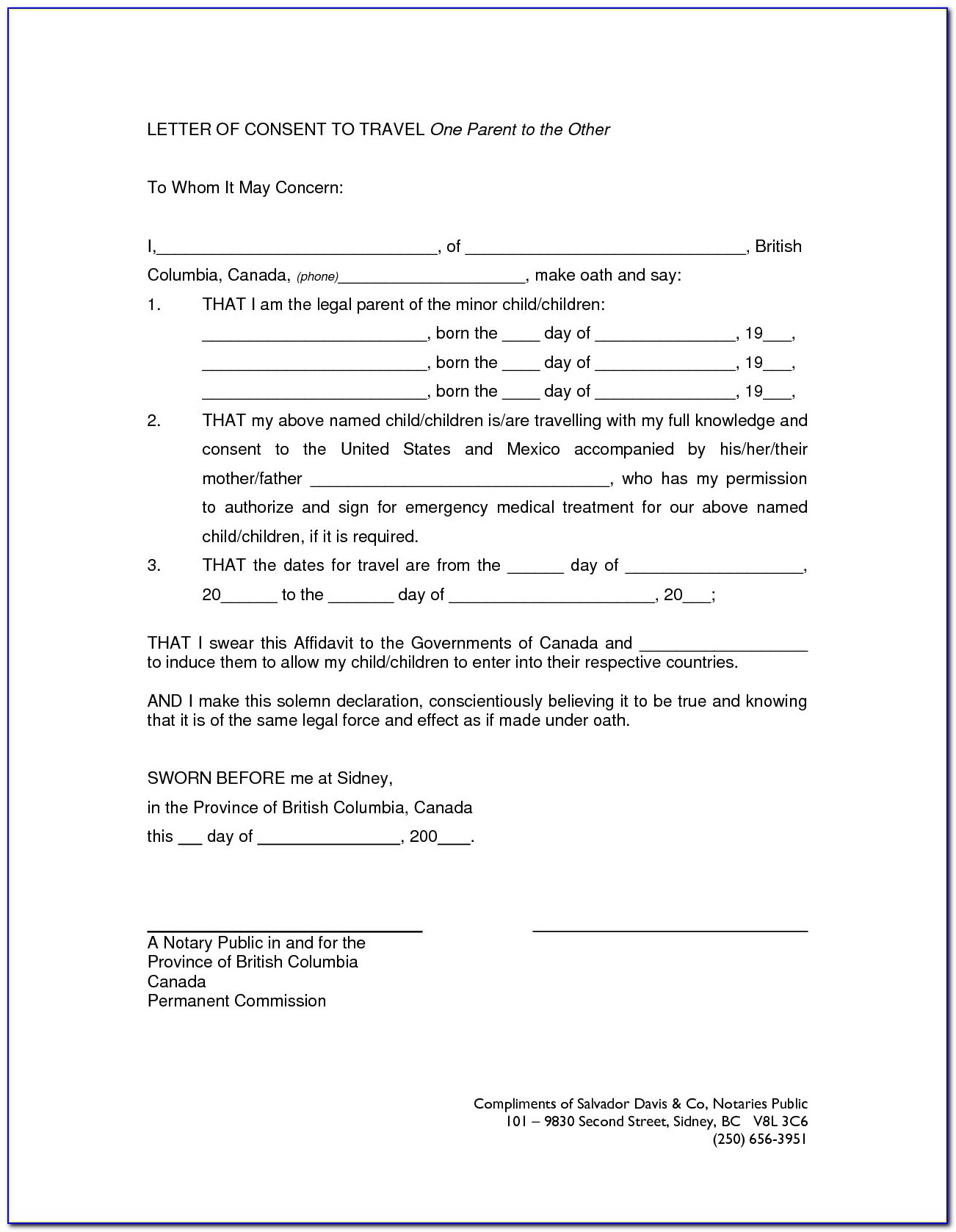 Child Travel Consent Form Template Uk