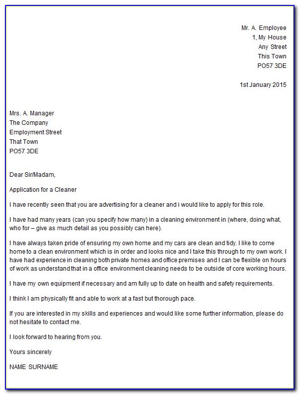 Cleaning Job Application Letter