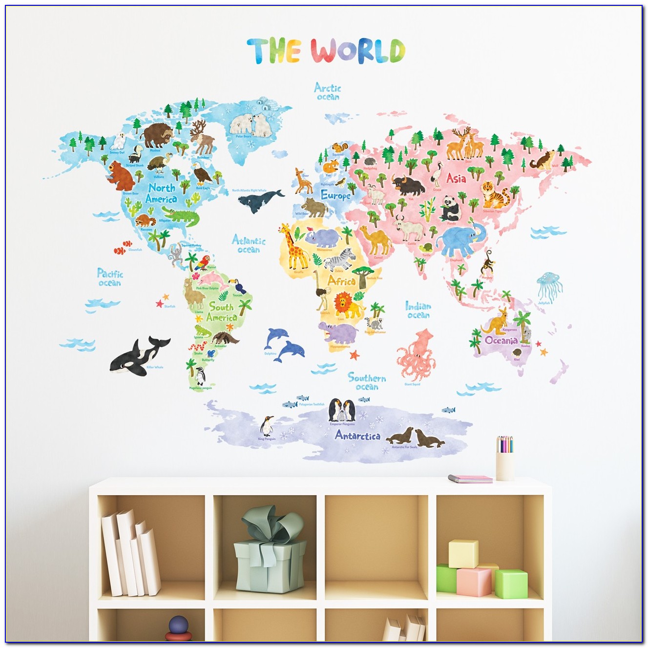 Colorful Animal World Map Wall Sticker